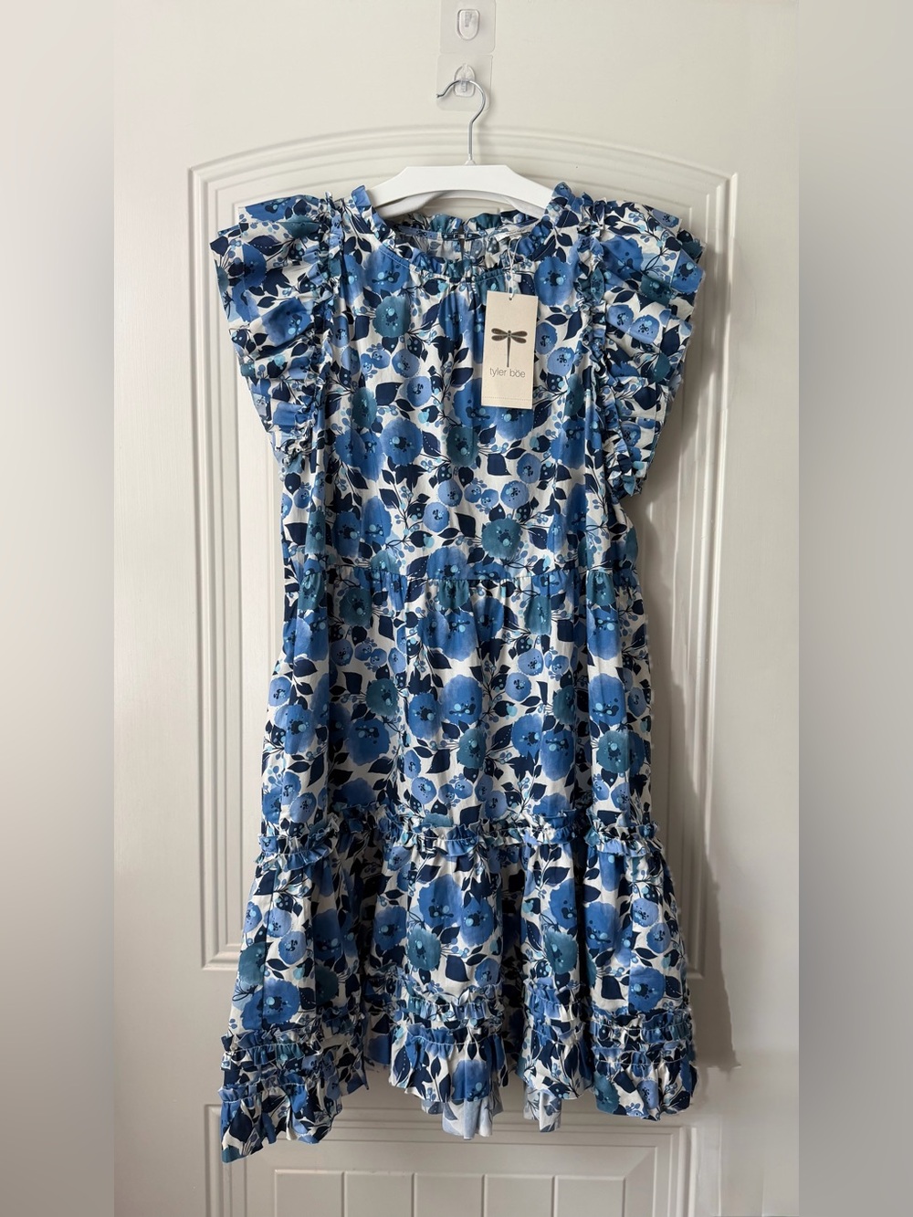 Tyler Böe Blue Floral Cotton Tiered Mini Dress NWT L - Picture 2 of 13